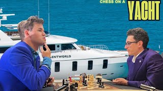 Chess on a Yacht The amazing venue of Carlsen vs Fabi for Freestyle Chess Game 1 [upl. by Tilly695]