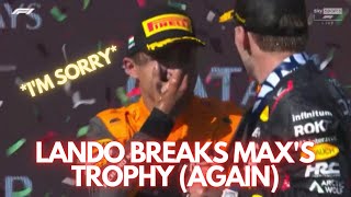 Hungarian Grand Prix 2023 PODIUM CELEBRATIONS • Lando Norris Champagne POP and breaks Maxs trophy [upl. by Brita786]