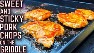 MY FAMILY CANT STOP MAKING THESE SWEET amp STICKY PORK CHOPS ON THE GRIDDLE EASY FLAT TOP RECIPE [upl. by Kinom]