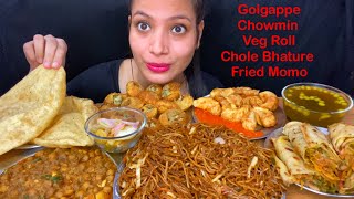 Eating Golgappe Chowmin Chole Bhature Veg Roll Fried Momo  Huge Indian Street Food Mukbang [upl. by Fiel]