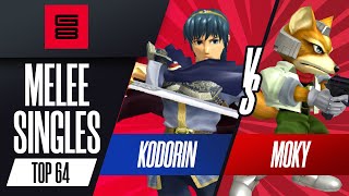 Kodorin vs Moky  Top 64 Melee Singles  G8  Marth vs Fox [upl. by Ransom]