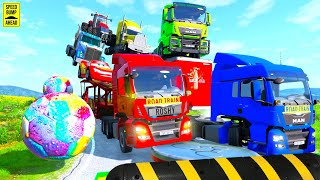 Double Flatbed Trailer Truck vs Speedbumps Train vs Cars Tractor vs Train Busses vs speed bumps [upl. by Eimaj354]