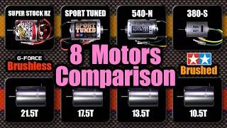 8 Motors COMPARISON TAMIYA Brushed Super Stock RZ Sport Tuned 540N 380S amp GFORCE Brushless [upl. by Jenifer]