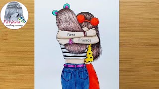 Best friends❤ Drawing Tutorial  step by step  How To Draw Two Friends Hugging Each other [upl. by Lhok]