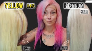 TONING YELLOW BLONDE HAIR to PLATINUM BLONDE HAIR  HOW TO FIX OVERTONED PURPLE HAIR [upl. by Rossi930]