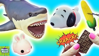 Whats Inside Squishy Shark Toys Snoopy Squishy Cracking Chocolate Ocean Goo Slime [upl. by Yrtnej]