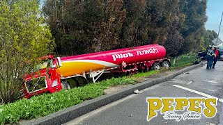 Fuel tanker swerves off freeway  lands down embankment [upl. by Barayon]