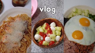 vlog 집밥브이로그  오일파스타 낫또오이비빔밥 그리고 지중해식 샐러드  떡갈비 선드라이 토마토 진미채볶음 이재모피자 치즈크러스트  자취요리 [upl. by Jermayne]