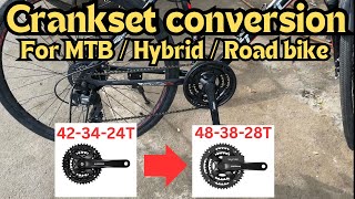 Crankset conversion for Hybrid  MTB  Road cycle  42T to 48T  Cradiac discover pro 21 speed [upl. by Ailegra]