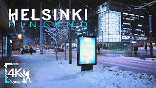 Central Helsinki Relaxing Night Walk in Snowy Winter Finland 4K [upl. by Lleksah989]