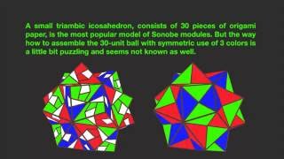 How to assemble a modular origami Sonobe small triambic icosahedron with symmetric use of 3 colors [upl. by Seadon]