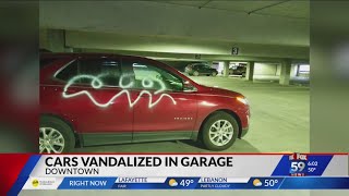 Vandal spray paints 50 vehicles in downtown Indy parking garage [upl. by Akamaozu]