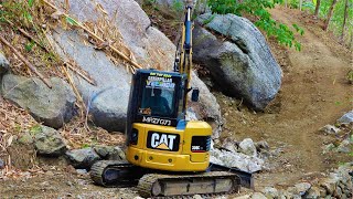 Mini Excavators Swinging Dirt Breaking The Rocks For The Narrow Road Widening Construction [upl. by Anahsar]