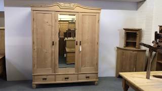 Large Antique Pine Triple Door Wardrobe with Mirror  Pinefinders Old Pine Furniture Warehouse [upl. by Kathie709]