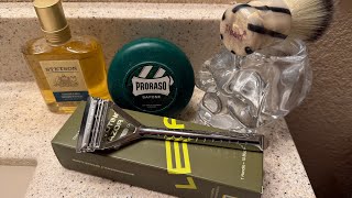 Leaf Shave 3Blade Razor revisited Stetson Cooling Moisture Aftershave Pearl Brush amp Proraso [upl. by Ailecnarf437]