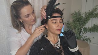 ASMR Perfectionist 1920s Gatsby Hairstyle With Makeup Application  Necklace Headband amp Gloves [upl. by Neeli326]