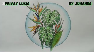 Bunga Burung Cendrawasih  How to Draw Bird of Paradise flower and Monstera for the beginning 1195 [upl. by Teena]