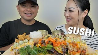 SUSHI Mukbang Spicy Salmon Sashimi Mango Paradise Roll Chicken Karaage with Red Dragon Roll  NE [upl. by Sihun]