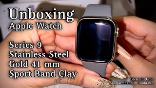 Apple Watch Series 9 Gold Stainless Steel 41 mm Unboxing  Edelstahl Sportarmband in Tonbraun ASMR [upl. by Llenehc]