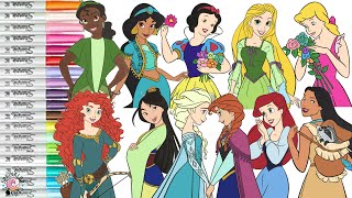 Disney Princess Coloring Book Compilation Moana Ariel Aurora Raya Elena Anna Elsa Merida Tiana Snow [upl. by Pontias]