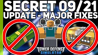 SECRET 0921 Update  MAJOR Bug fixes  Tower Defense Simulator Roblox [upl. by Nivrac]