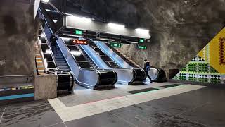 Sweden Stockholm Västra skogen 2X escalator  going up to street level  night [upl. by Aeikan750]