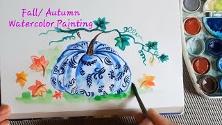 Fall Autumn Halloween Pumpkin watercolor painting ideas  Simple aquarelle art creeper plant drawing [upl. by Ahsirk]