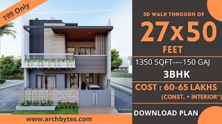 27x50 House Design 3D  1350 Sqft  150 Gaj  3 BHK  Modern Design  Terrace Garden  8x15 Meters [upl. by Aicil502]