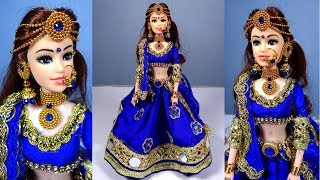 Barbie in BLUE BRIDAL LEHENGA  How to decorate barbie doll with Indian bridal lehenga and jewellery [upl. by Hannahs450]