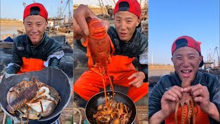 Chinese Fishermen Cooking and Eating Fresh Seafood 🦀🦐 eatingshow [upl. by Ahsemad671]