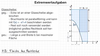 Extremwertaufgabe Beispiel Glasscheibe Glasplatte gebrochene Ecke Funktion Bruchkante Flächeninhalt [upl. by Xyno778]