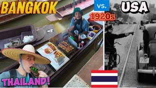 Thailand vs USA  Thailand old style morning market Thai food on Boats vs USA Ford cars [upl. by Tiffanie333]