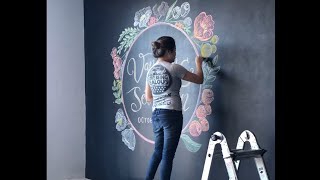 Large wedding floral chalk mural chalkboard art by Calgary Chalk Artist Rozzie Lee [upl. by Toddie425]