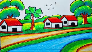 Beautiful Village Scenery Drawing  Easy Step by Step Tutorial  Rucks Drawing [upl. by Aleuname579]