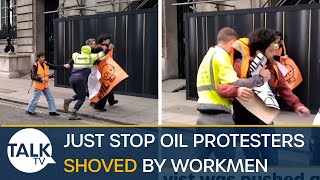 Two Workmen SHOVE Just Stop Oil Protesters Out Of Road [upl. by Ahser]