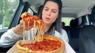 CHICAGO STYLE DEEP DISH PEPPERONI PIZZA  CAR MUKBANG  ASMR  EATING SOUNDS [upl. by Enilesoj]