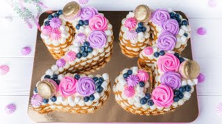 🍰Pastel creativo NÚMERAL con flores de cumpleaños 🌸 Receta DIY fácil [upl. by Assena518]