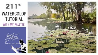 how to draw a watercolor landscape painting  water lilly pond  village scene  Sunil Linus De [upl. by Akiraa332]