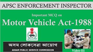 Motor Vehicle Act  MCQ  Enforcement Inspector  APSC  Part 3  Transport Dept apsc mcq jobs [upl. by Catina]