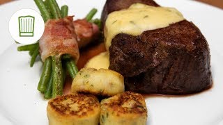 Chateaubriand Steak mit Speckbohnen Macaire Kartoffeln und Sauce Béarnaise  Chefkochde [upl. by Araldo]