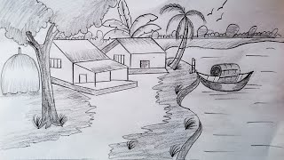 Gramer Drisso  Village Scenery  Pencil Drawing  Bangla Art [upl. by Odlaner746]