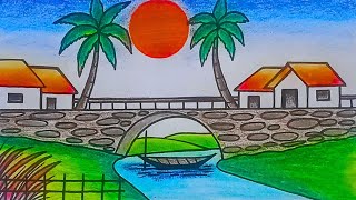 How to Draw Village Scenery 😍😍 Painting Easy Tutorial😍😍 Gramer Drisso Painting with bridge [upl. by Enomas]