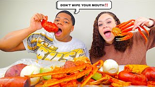 DONT WIPE YOUR MOUTH CHALLENGE  SNOW CRAB SHRIMP BOILED EGGS SWEET CORN amp POTATOES MUKBANG [upl. by Esenej]