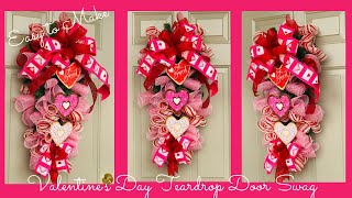 EASY VALENTINE’S DAY TEARDROP DOOR SWAG DIY ❤️MESH WREATH DOLLAR TREE ❤️PLUS BOW TUTORIAL [upl. by Niltiak]