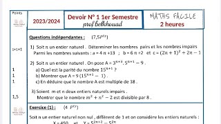 Devoir N 1 1er Semestre Tronc commun Biof Maths TCSF Mathématiques Ensemble ℕ notions arithmétique [upl. by Airdnalahs]