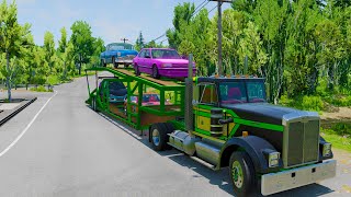 Double Flatbed Trailer Truck vs Speedbumps  Cars vs Slide Colors  Big amp Small Bus Mcqueen vs Train [upl. by Thetos]