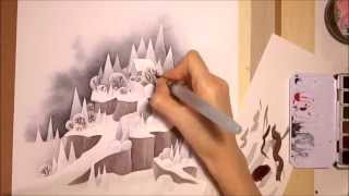 Watercolor Illustration snowy Winter landscape Painting by Iraville [upl. by Emilie]