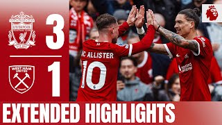 EXTENDED HIGHLIGHTS Salah Núñez VOLLEY amp Jota secure the win at Anfield  Liverpool 31 West Ham [upl. by Aidas]