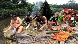 Grilled Fish over Fire on Outdoor Day Camping Near River and We Build Bushcraft Survival Shelter [upl. by Ainod]