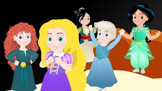 Five Little Princesses jumping on the bed with Disney Princess Elsa Rapunzel Merida Jasmine [upl. by Shelburne]